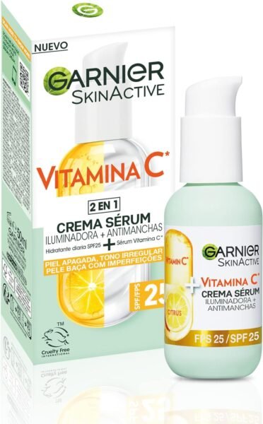 Garnier, Sérum Facial Iluminador y Anti Manchas 2 en 1, Con 20% Vitamina C y SPF25, No graso, Clínicamente probado, 50 ml