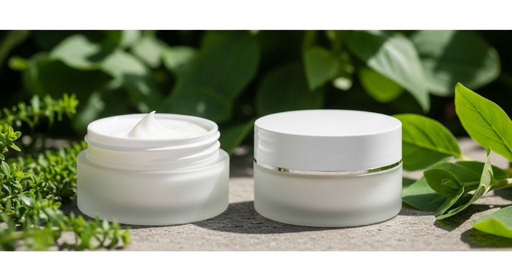 Imagen de presentación de cremas faciales veganas y naturales, con ingredientes botánicos y un ambiente sereno.